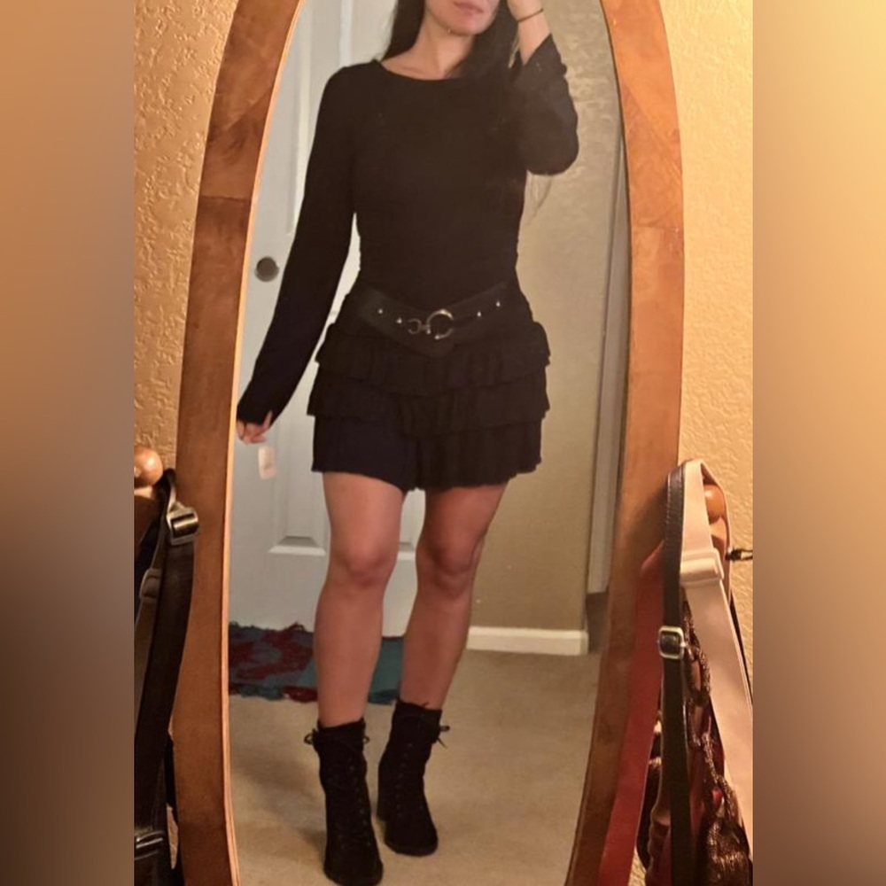 NWT Free People Good Feels Long Sleeve Mini Ruffle Dress Black Sz SMALL festival - Picture 7 of 16